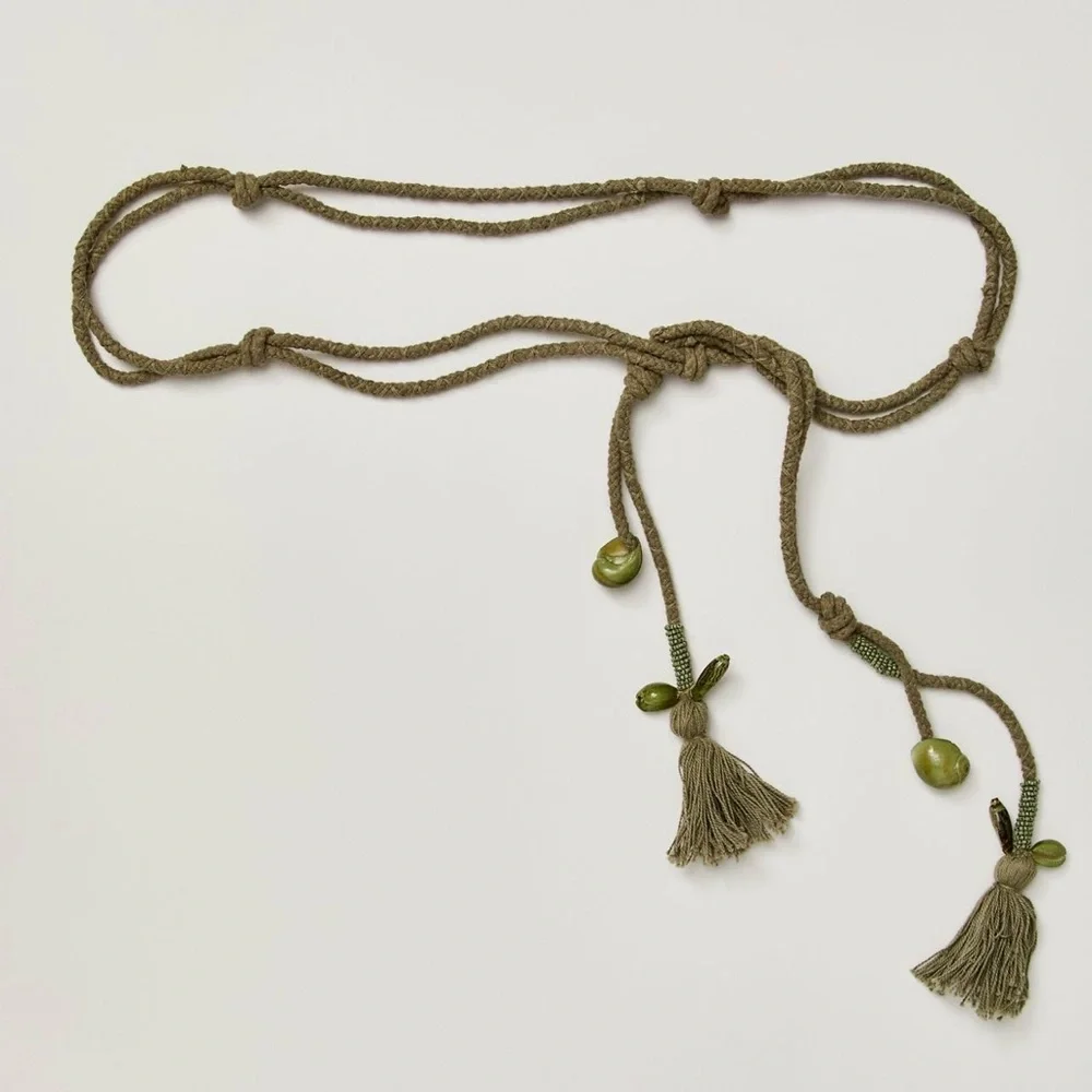 Free People Olive Green Rope Tassel Belt Beaded Boho Adjustable Tie Waist